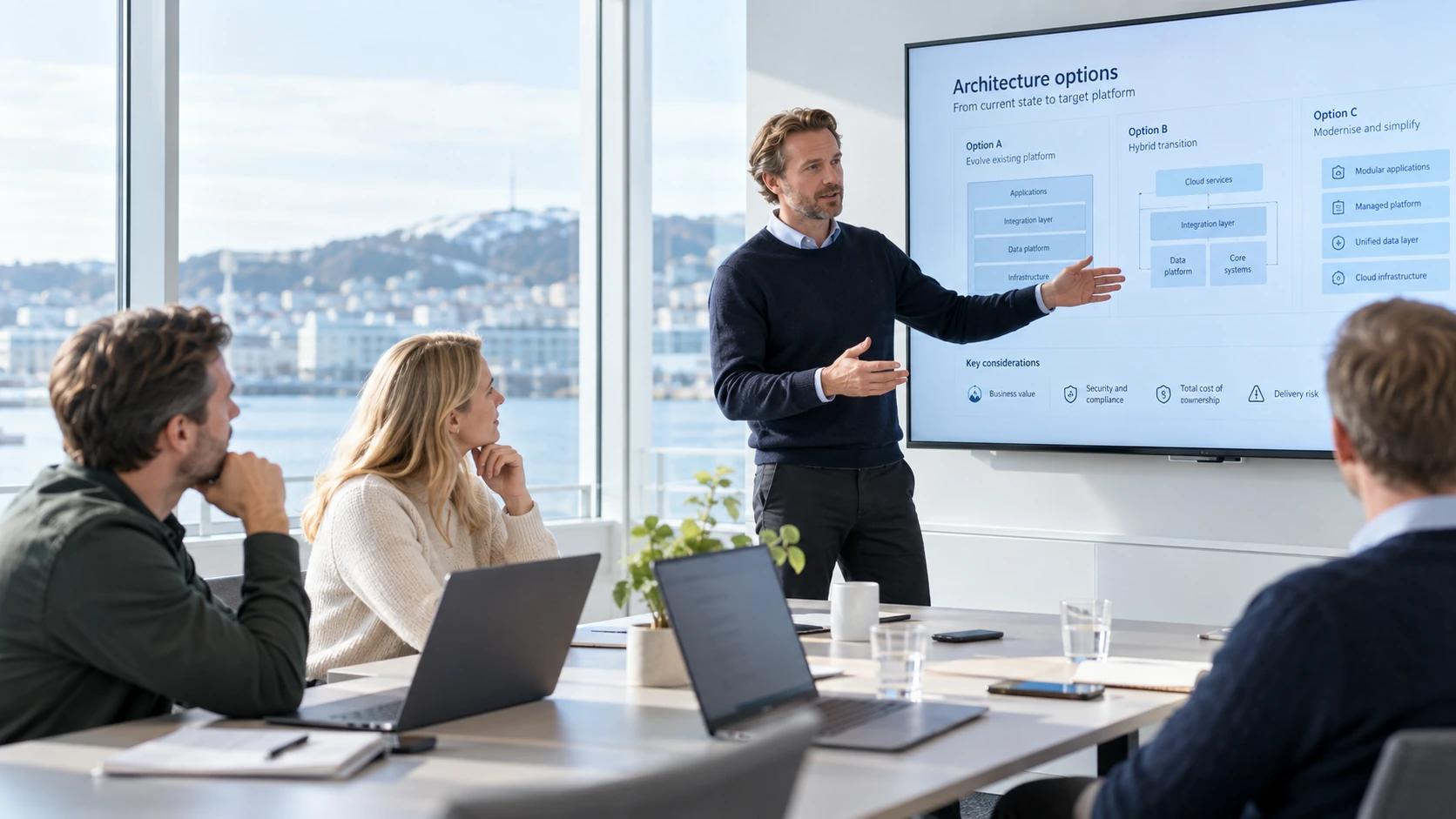 Business professionals beginning a focused technical consultancy meeting